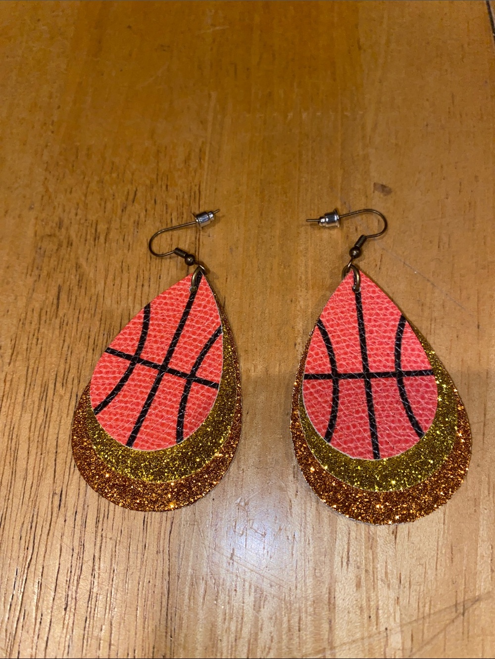 Woman’s Basketball Teardrop Earrings - orange basketball and Gold Glitter